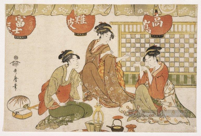 trois dames assises avec des lanternes Kitagawa Utamaro ukiyo e Bijin GA Peintures à l'huile